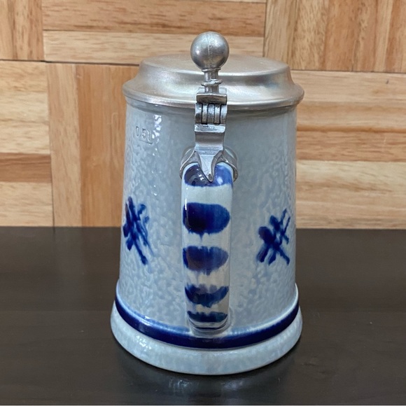 Vintage REIN ZINN 0.5L Blue & White German Stoneware Beer Stein Pewter Mug - Picture 4 of 14